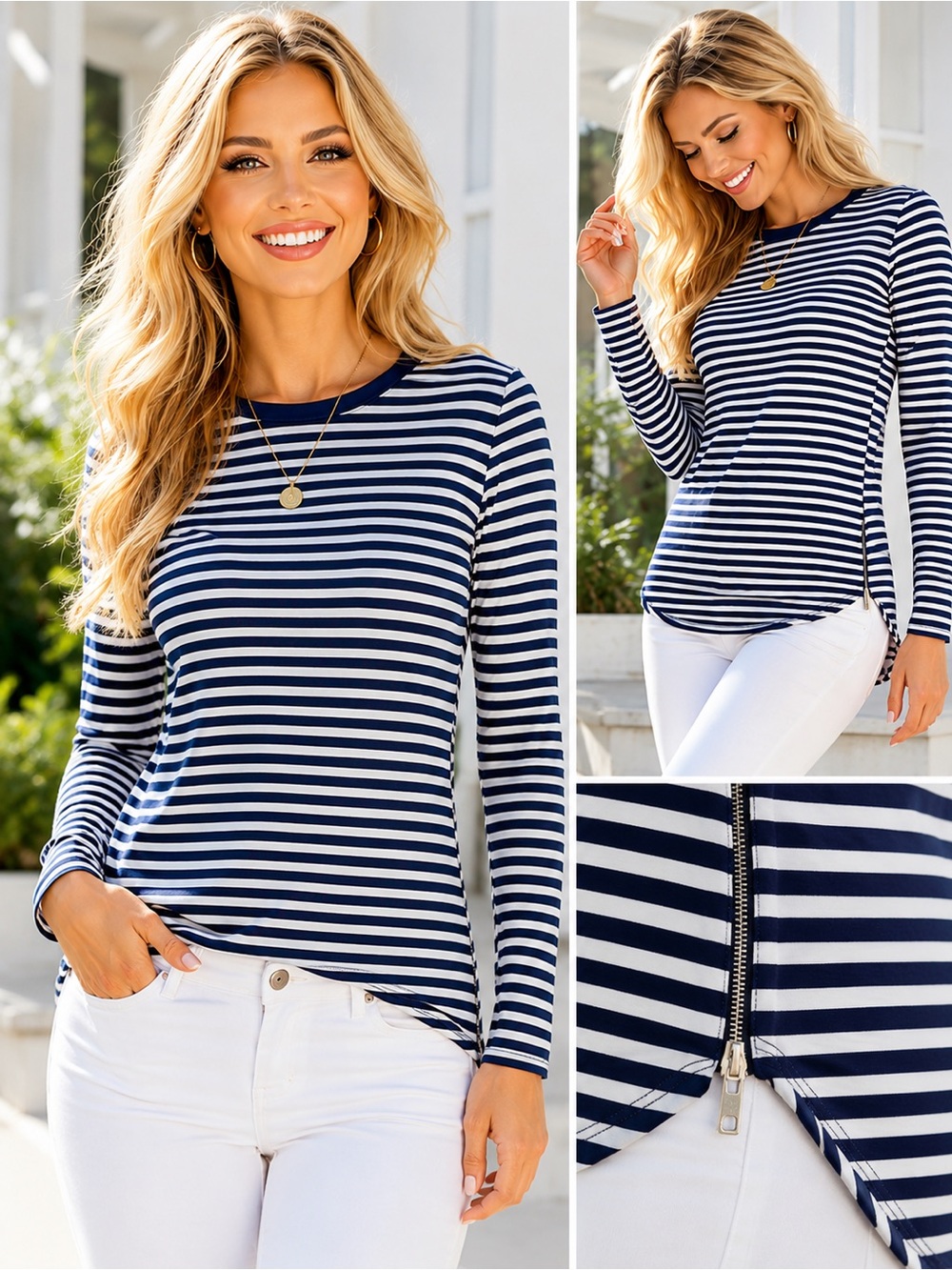 Michael Kors Navy and White Striped Long-Sleeve Crewneck Top